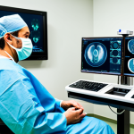 A professional male surgeon, fully clothed in modest surgical scrubs and a cap, seated at a sophisticated 'Da Vinci' robotic surgical console in a pristine, state-of-the-art operating room. The console's high-definition 3D monitors display intricate medical imagery. Robotic arms with precise miniature instruments are visible, emphasizing advanced technology and precision. The surgeon maintains a focused, professional expression. The scene is sterile and well-lit, representing modern medical innovation. This image features perfect anatomy, correct proportions, natural pose, well-formed hands, and proper finger count. It is safe for work, appropriate content, and depicts a professional environment with appropriate attire.