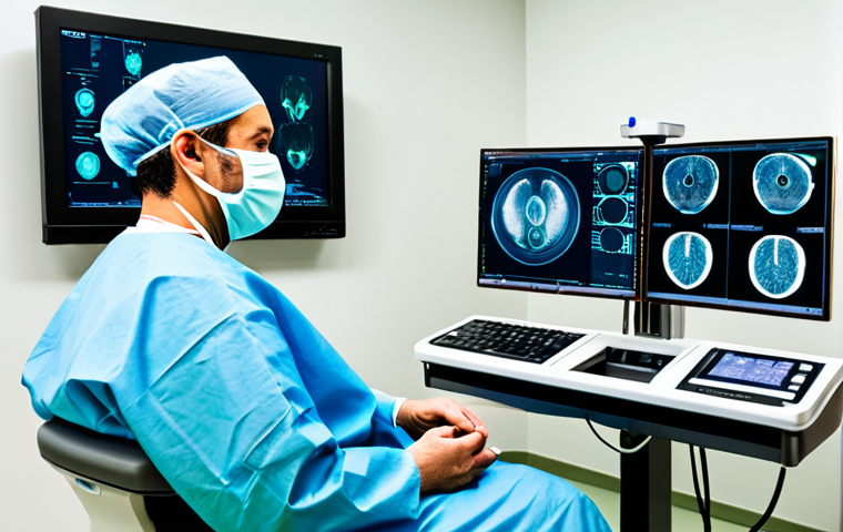A professional male surgeon, fully clothed in modest surgical scrubs and a cap, seated at a sophisticated 'Da Vinci' robotic surgical console in a pristine, state-of-the-art operating room. The console's high-definition 3D monitors display intricate medical imagery. Robotic arms with precise miniature instruments are visible, emphasizing advanced technology and precision. The surgeon maintains a focused, professional expression. The scene is sterile and well-lit, representing modern medical innovation. This image features perfect anatomy, correct proportions, natural pose, well-formed hands, and proper finger count. It is safe for work, appropriate content, and depicts a professional environment with appropriate attire.