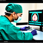 A highly skilled, professional surgeon in a modern, sterile operating room, fully clothed in green surgical scrubs, cap, and mask. The surgeon is looking intently at a large, high-definition monitor displaying a magnified anatomical view, operating with precision using small, advanced laparoscopic instruments. The scene emphasizes cutting-edge medical technology and the concept of minimal invasiveness. The environment is brightly lit, clean, and state-of-the-art. Professional photography, sharp focus, vibrant colors, detailed textures, high quality, perfect anatomy, correct proportions, natural pose, well-formed hands, proper finger count, natural body proportions, safe for work, appropriate content, fully clothed, professional dress.