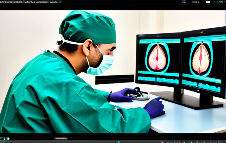 A highly skilled, professional surgeon in a modern, sterile operating room, fully clothed in green surgical scrubs, cap, and mask. The surgeon is looking intently at a large, high-definition monitor displaying a magnified anatomical view, operating with precision using small, advanced laparoscopic instruments. The scene emphasizes cutting-edge medical technology and the concept of minimal invasiveness. The environment is brightly lit, clean, and state-of-the-art. Professional photography, sharp focus, vibrant colors, detailed textures, high quality, perfect anatomy, correct proportions, natural pose, well-formed hands, proper finger count, natural body proportions, safe for work, appropriate content, fully clothed, professional dress.