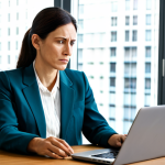A thoughtful professional woman in her late 30s, dressed in a modest business blazer and blouse, sits at a clean, minimalist desk in a modern, brightly lit office. She holds a long, complex medical bill in her hands, her expression thoughtful and focused as she tries to understand the intricate details. A laptop is open beside her, displaying financial spreadsheets. The scene emphasizes the challenge of navigating healthcare costs with clarity. safe for work, appropriate content, fully clothed, professional dress, perfect anatomy, correct proportions, natural pose, well-formed hands, proper finger count, high quality professional photography.