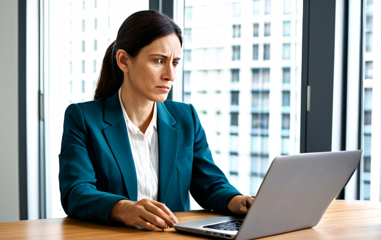 A thoughtful professional woman in her late 30s, dressed in a modest business blazer and blouse, sits at a clean, minimalist desk in a modern, brightly lit office. She holds a long, complex medical bill in her hands, her expression thoughtful and focused as she tries to understand the intricate details. A laptop is open beside her, displaying financial spreadsheets. The scene emphasizes the challenge of navigating healthcare costs with clarity. safe for work, appropriate content, fully clothed, professional dress, perfect anatomy, correct proportions, natural pose, well-formed hands, proper finger count, high quality professional photography.