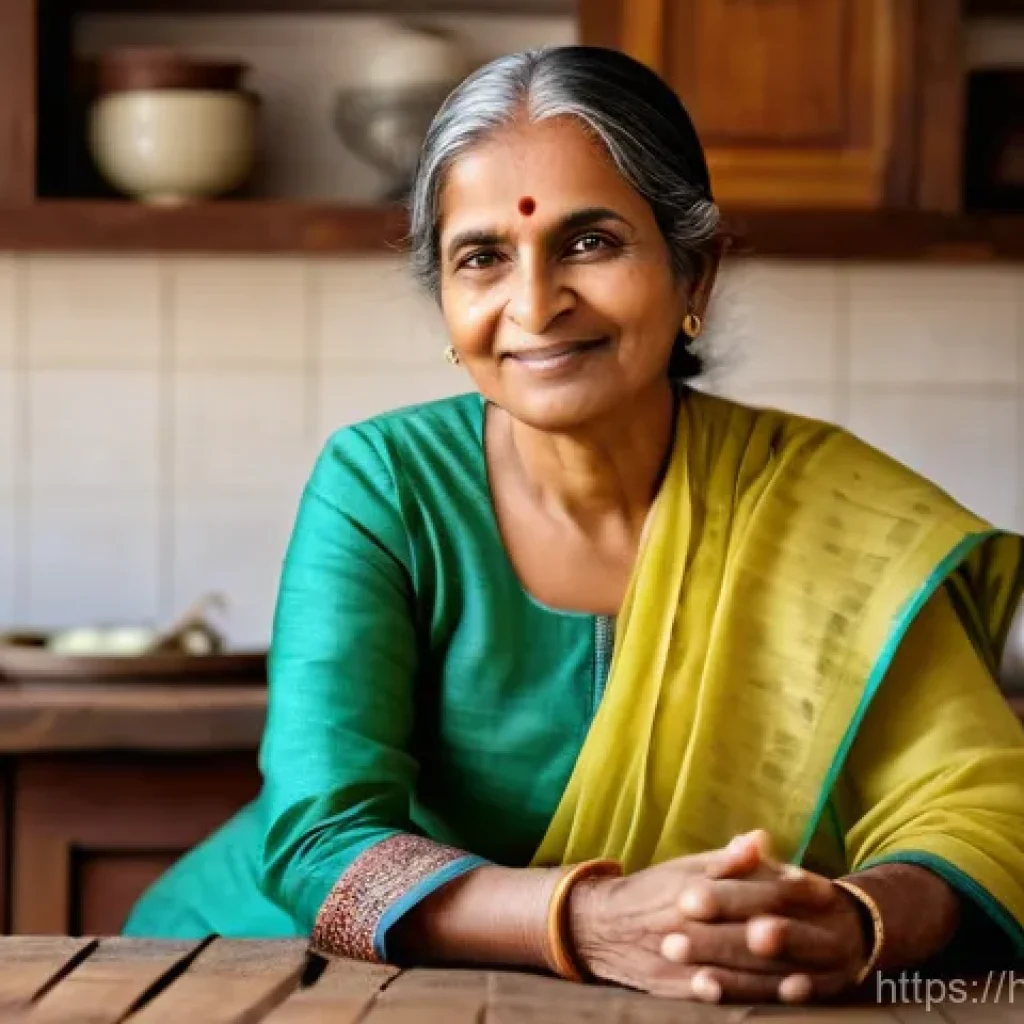 담석증 자연 치료법 - A calm and serene Indian woman, aged around 40-50, sitting comfortably at a rustic wooden kitchen ta...