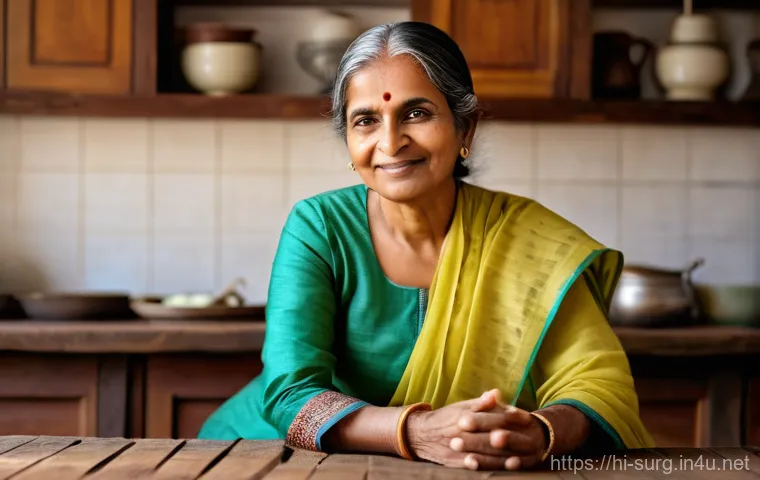 담석증 자연 치료법 - A calm and serene Indian woman, aged around 40-50, sitting comfortably at a rustic wooden kitchen ta...
