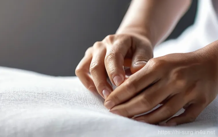 복강경 수술 흉터 관리 - **Prompt 1: Gentle Post-Surgery Scar Care**
    A close-up shot of a person's hands gently applying ...