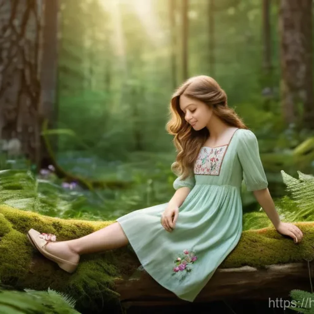 복강경 수술 비용 비교 - A whimsical forest scene featuring a young woman, around 20 years old, with flowing, light brown hai...