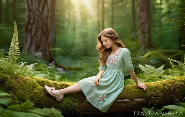 복강경 수술 비용 비교 - A whimsical forest scene featuring a young woman, around 20 years old, with flowing, light brown hai...