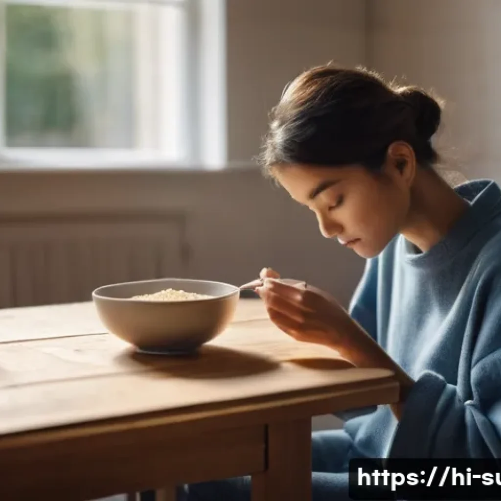 대장암 수술 후 관리 - **Prompt:** A person, fully clothed in comfortable loungewear, gently eating a small bowl of simple,...