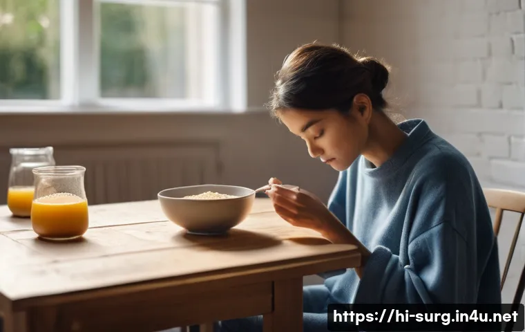대장암 수술 후 관리 - **Prompt:** A person, fully clothed in comfortable loungewear, gently eating a small bowl of simple,...