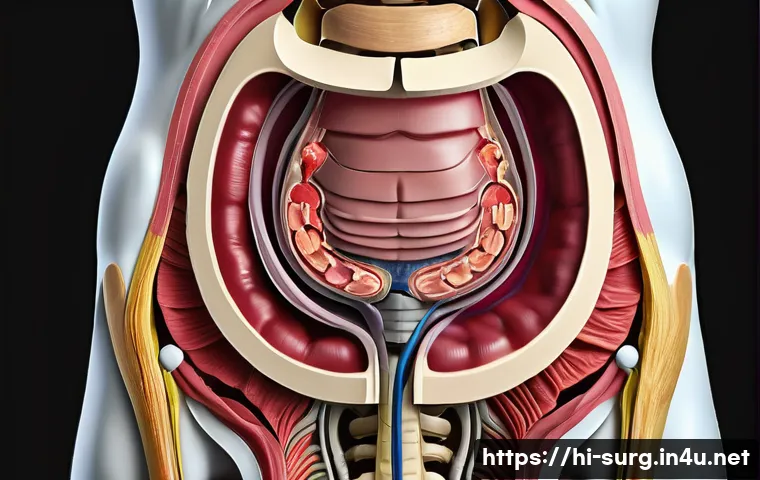 위장관 출혈 응급처치 - A detailed medical illustration showing the internal anatomy of the human abdomen with highlighted a...
