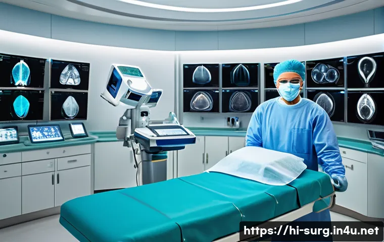 외과 진단 도구 리뷰 - A highly detailed, modern surgical operating room featuring advanced diagnostic tools such as a high...