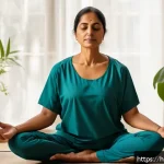 갑상선 수술 후기 - A serene and empowering scene of a South Asian woman in her early 40s, wearing comfortable, loose-fi...