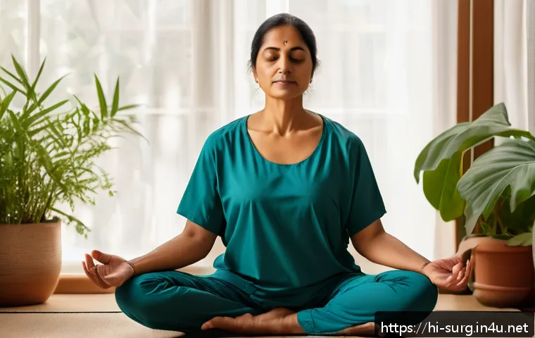 갑상선 수술 후기 - A serene and empowering scene of a South Asian woman in her early 40s, wearing comfortable, loose-fi...