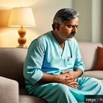 담낭염 치료 기간 - A detailed medical illustration of a middle-aged Indian man experiencing acute gallbladder pain, clu...