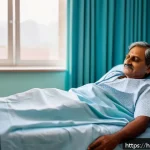 외과 시술 후기 모음 - A serene hospital room scene featuring a middle-aged Indian man resting peacefully in bed after surg...