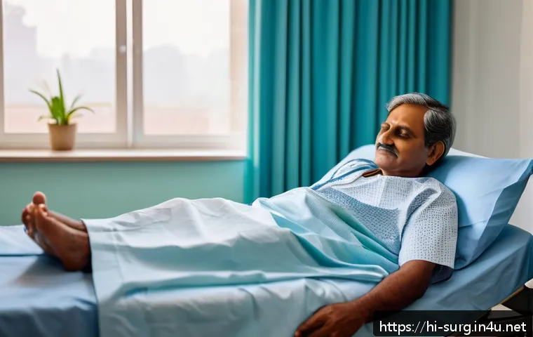 외과 시술 후기 모음 - A serene hospital room scene featuring a middle-aged Indian man resting peacefully in bed after surg...