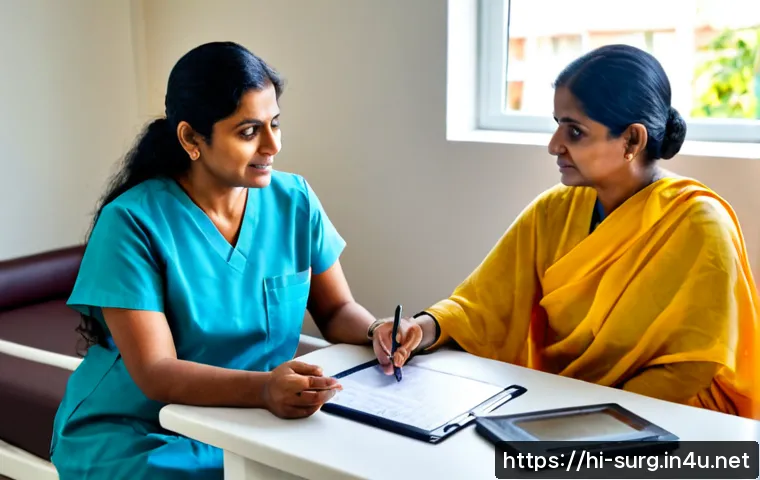 갑상선 종양 제거 비용 - Photorealistic Indian middle-aged woman consulting a compassionate surgeon in a modern private hospi...