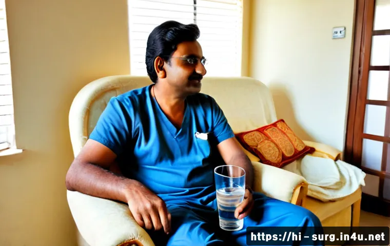 치질 수술 후기 - Photorealistic Indian adult man in comfortable loose clothing sitting carefully on a cushioned chair...