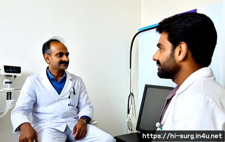 Home 17 치질 레이저 시술 후기 - Photorealistic Indian male patient in his 40s seated comfortably in a bright, modern outpatient clin...